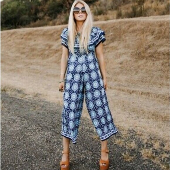Anthropologie Kopal Boho Print Off The Shoulder Jumpsuit L Petite - Picture 1 of 15